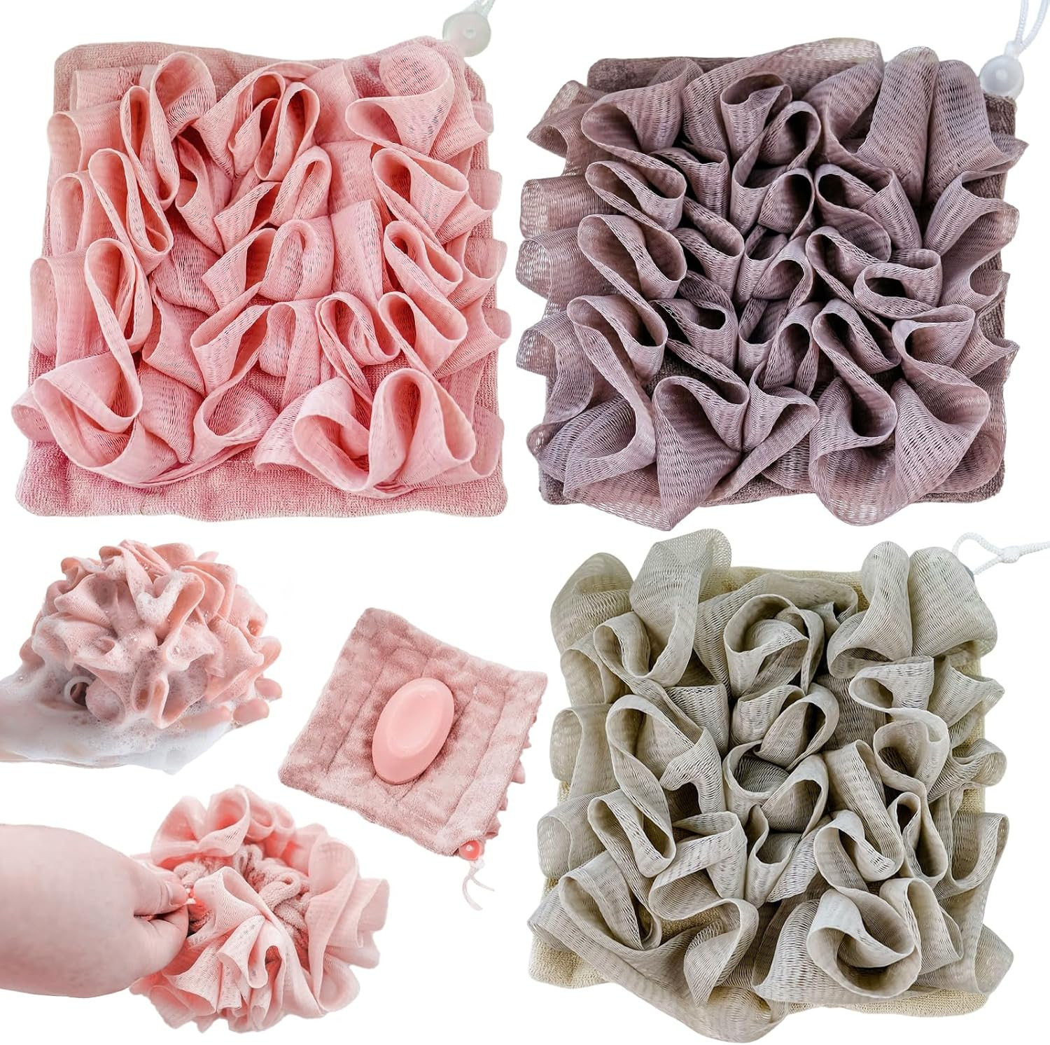 3 Pcs Soap Bar Loofah, 2 in 1 Bar Soap Loofah Pouch Can Hold Soap Effective Exfo