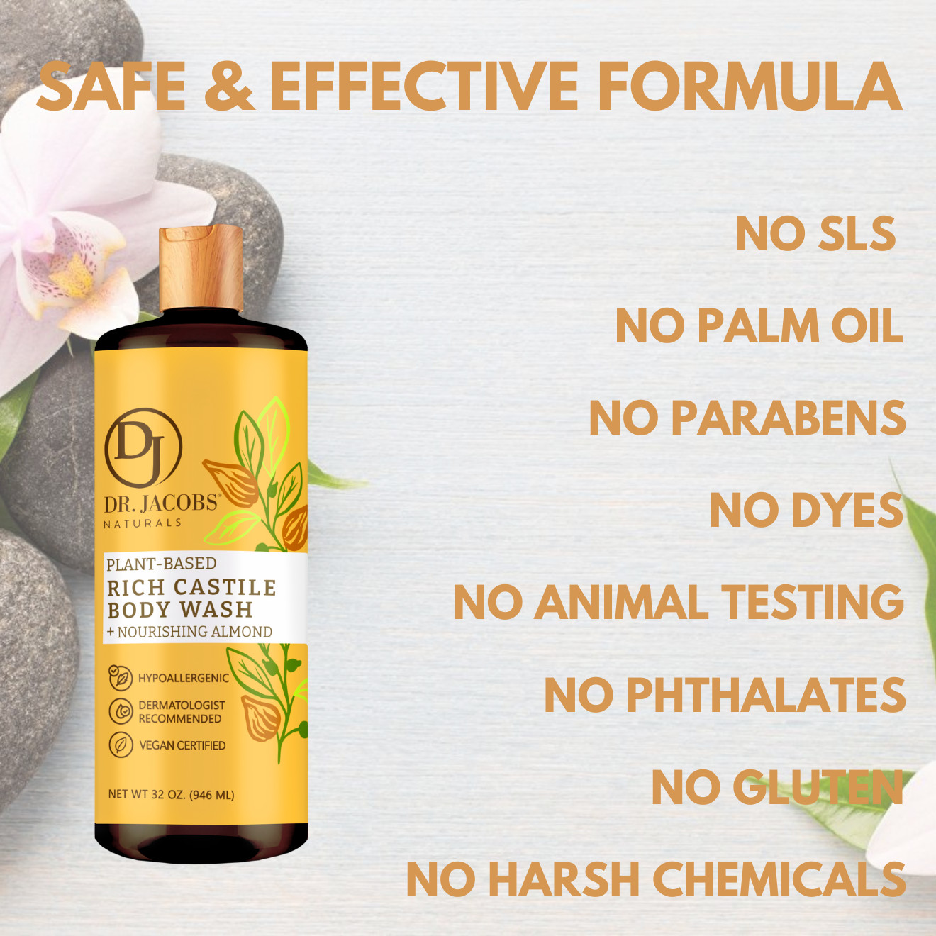 Dr Jacobs Naturals 32oz Almond Castile Body Wash Soap Plant-Based