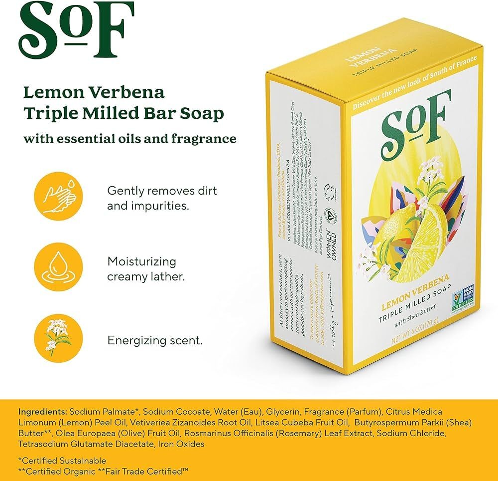 South of France Body Care Lemon Verbena Milled Bar Soap with Shea Butter 6 Ounce