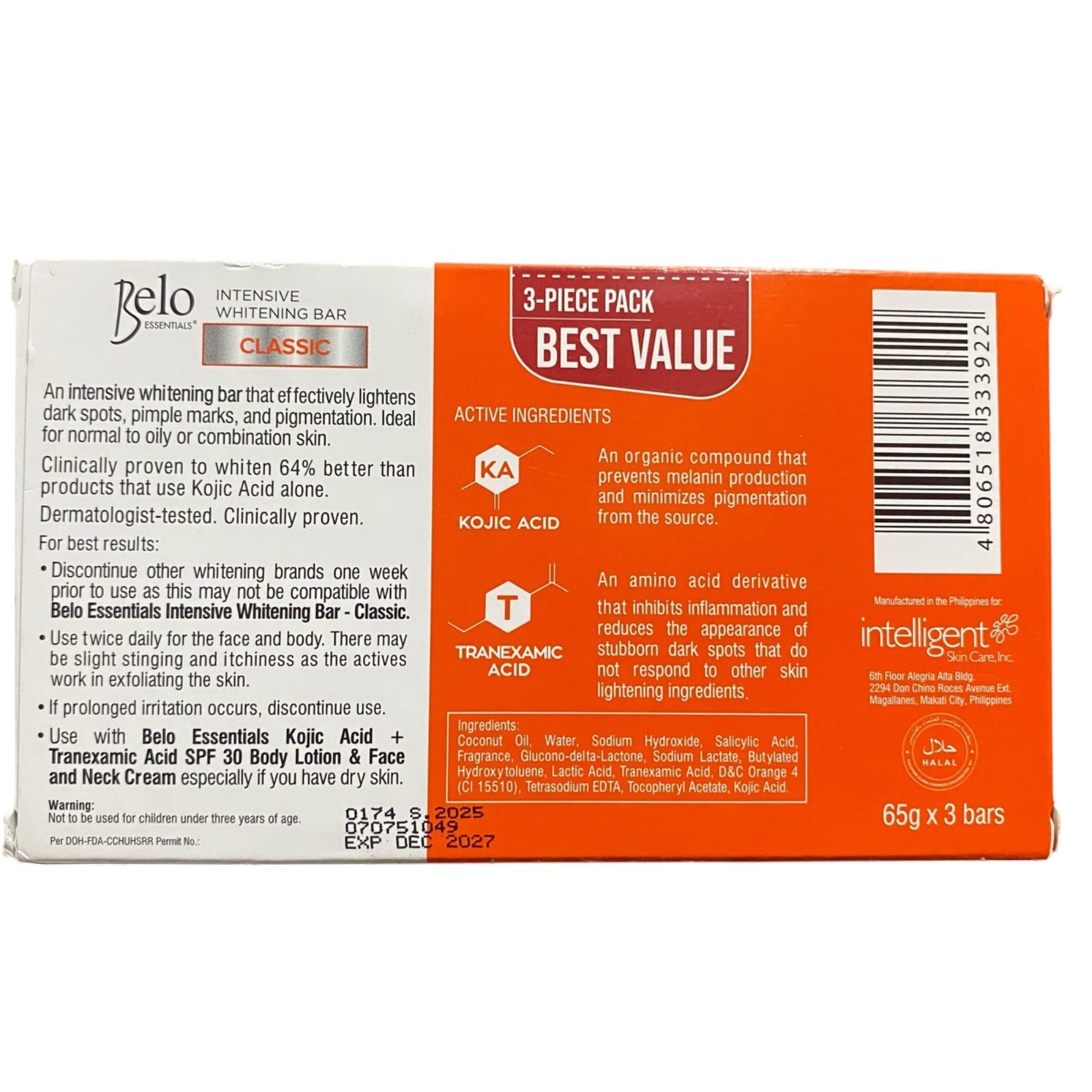 Belo Kojic Acid + Tranexamic Acid Whitening Soap 3 Bars 65g Each Exp Dec2027