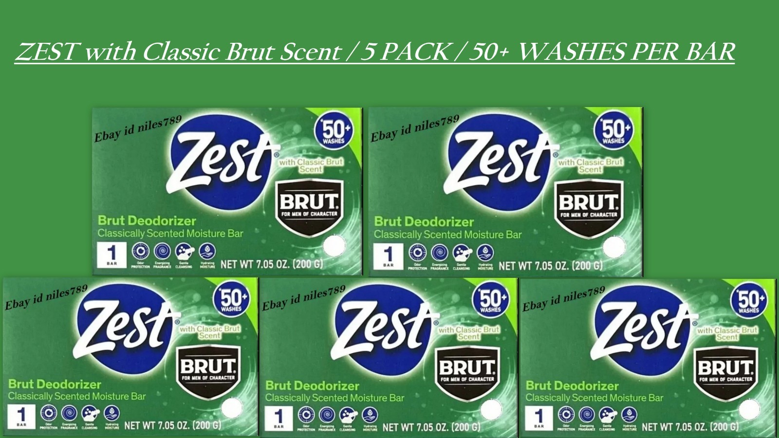 😊LOT OF 5-ZEST BRUT Deodorizer Classic Scent Moisture Bar Soap 7.05 oz. New