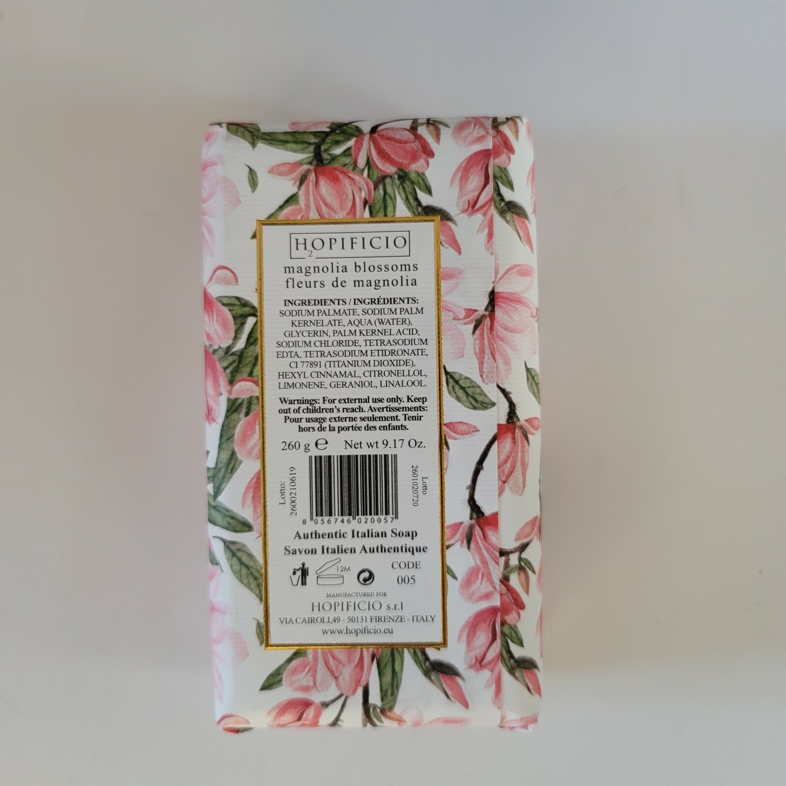 Hopificio Magnolia Blossoms Triple Milled Bar Soap 9.17 oz Italy
