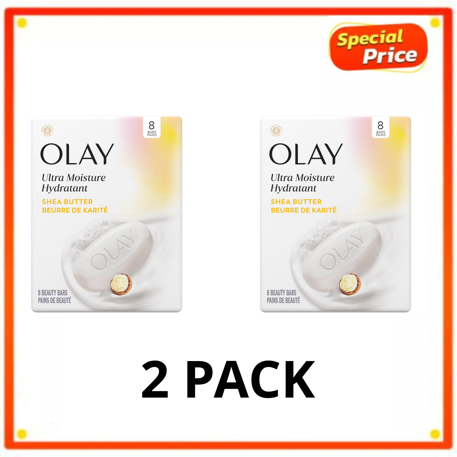 Olay Ultra Moisture Shea Butter Soap Bar 3.75oz 8 Count Vitamin B3, 2 Pack