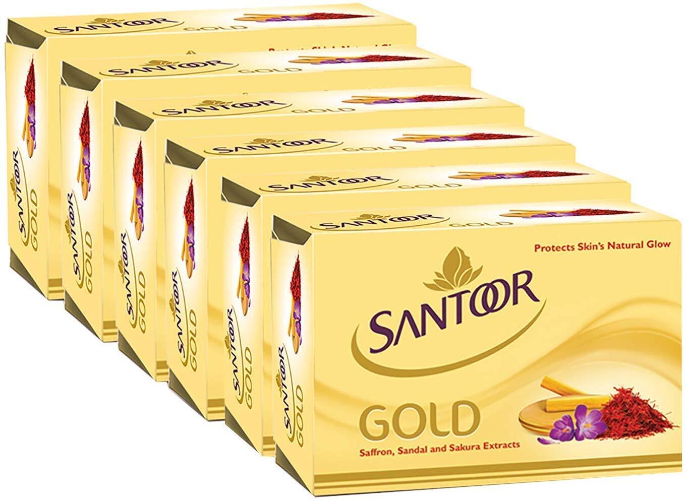 Santoor Gold Bath Soap with Saffron Sandal & Sakura Extracts 125g Pack of 6