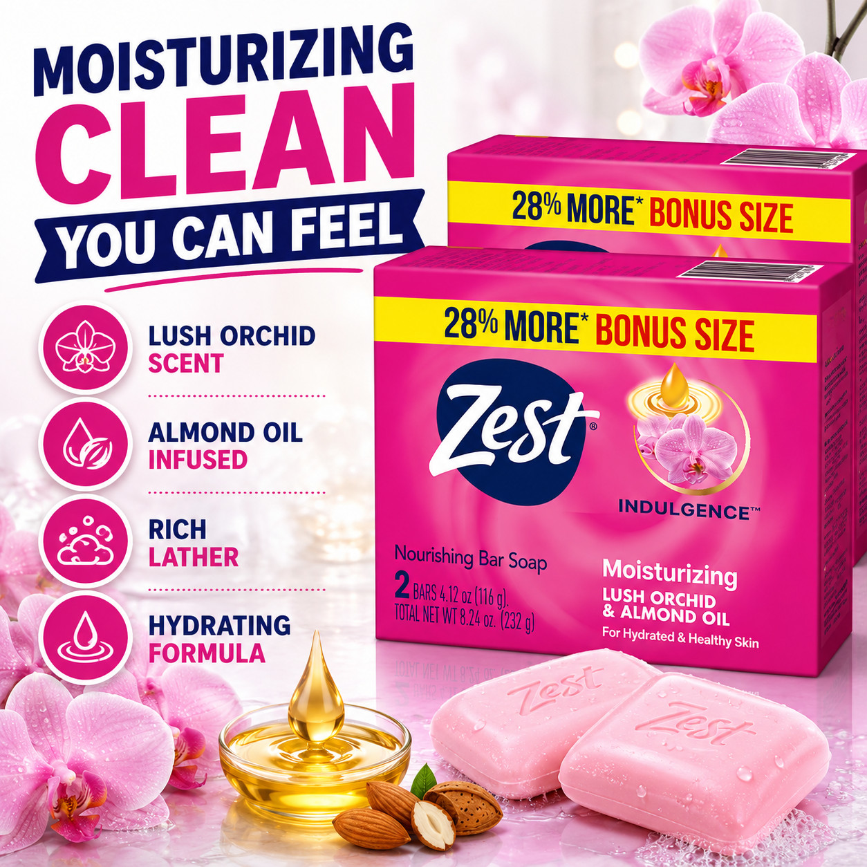 Zest Indulgence Lush Orchid Almond Oil Bar Soap 4 Bars 2 Pack Moisturizing