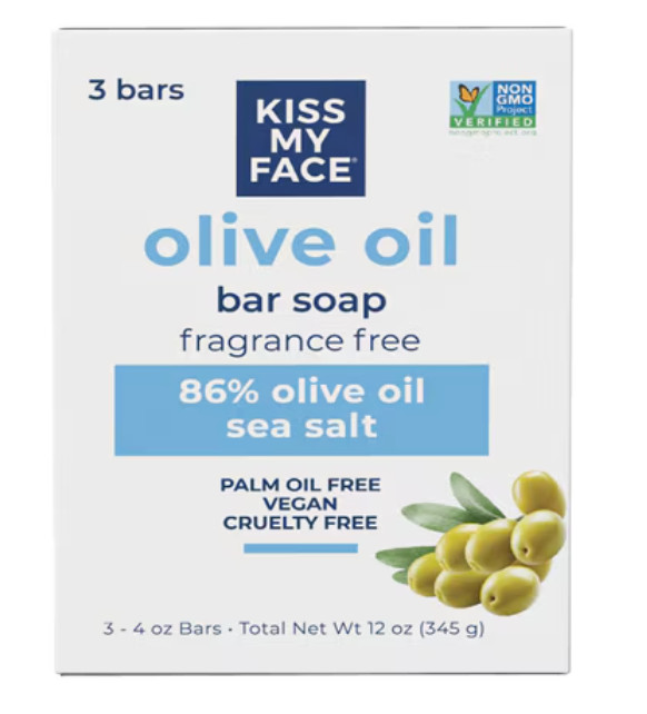 Kiss My Face Olive Oil Fragrance Free Bar Soap, Moisturizer, 4 Oz 3 Pack