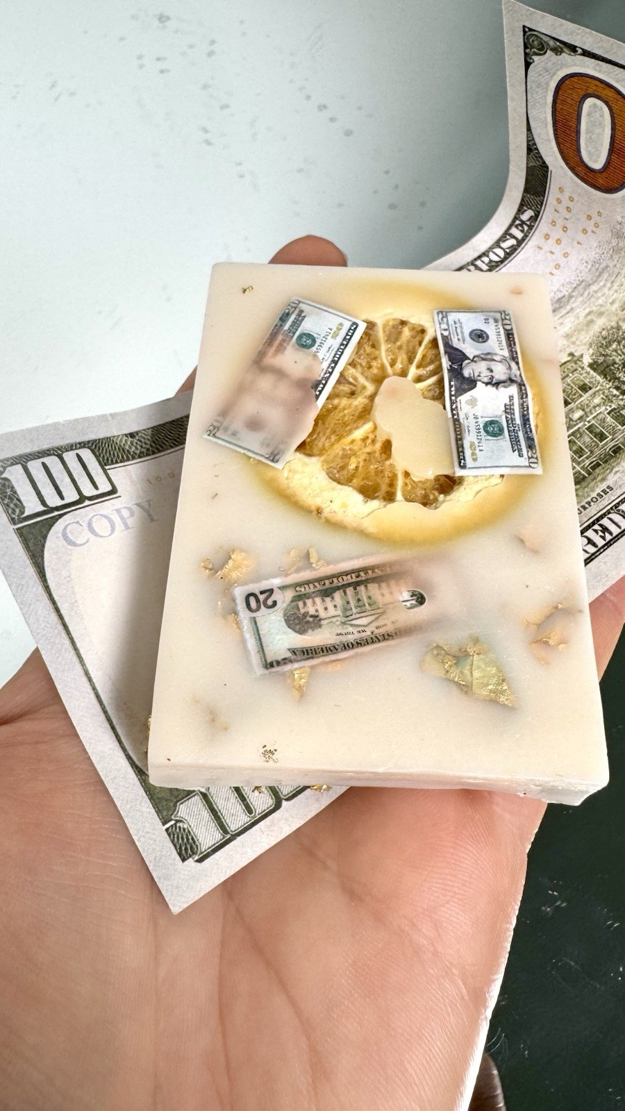 1 Glycerin Soap Bar with little Money Inside Orange & Honey / LIKE PHOTO