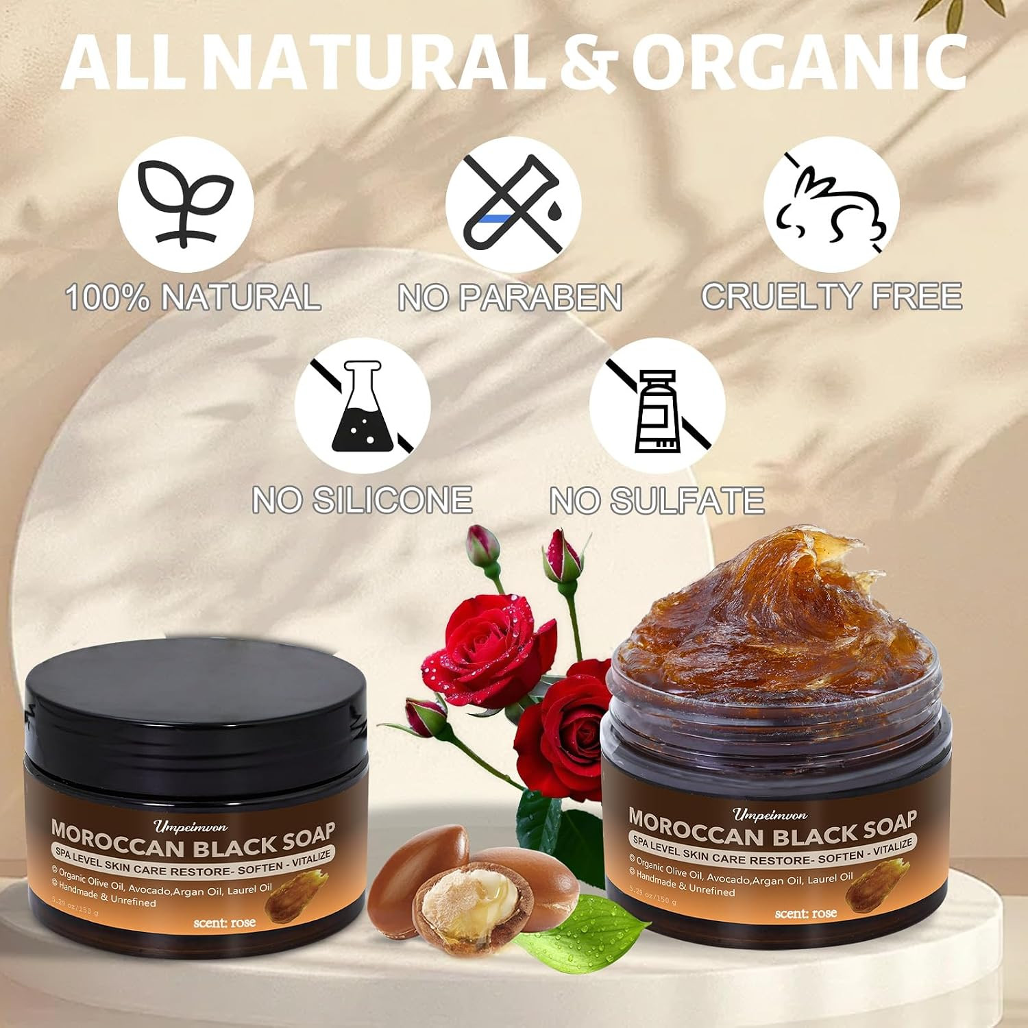 2 PCS Moroccan Black Soap with Argan and Rose Oil, SPA Level Handmade Black Beld