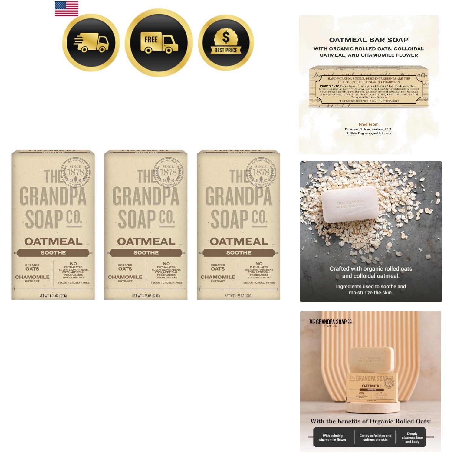 Oatmeal Bar Soap – With Organic Oats + Chamomile Extract, Gently Exfoliates a…