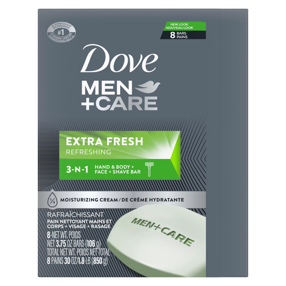 2PK Dove Men+Care Extra Fresh Body, Face, Bar Soap, 4 oz, 8 Bars Each (16 Bars)