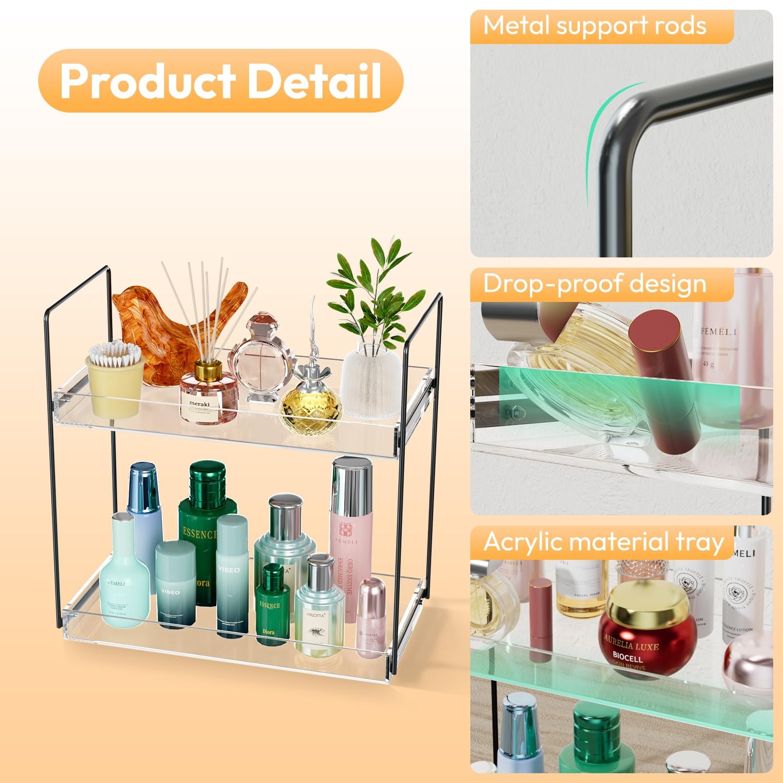 2 Tier Acrylic Bathroom Countertop Organizer Tray – Vanity, Skincare Storage