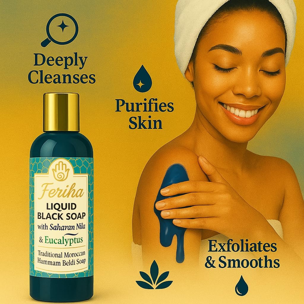 Moroccan Liquid Black Soap with Saharan Nila and Eucalyptus – Traditional Ham…