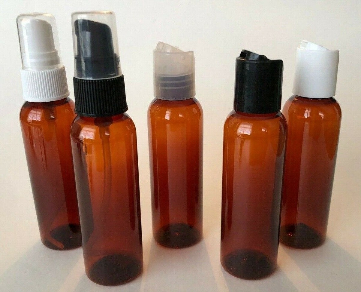NEW 2 oz PET Plastic 20/410 Amber Round Bullet Bottle – choose cap & qty