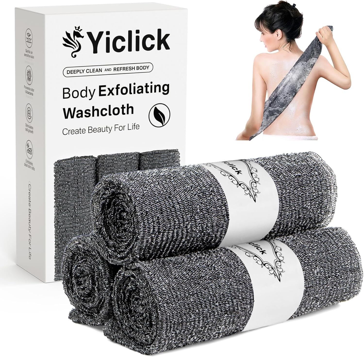 Yiclick Exfoliating Washcloth Towel【3 Pack】- Body Scrubber Black
