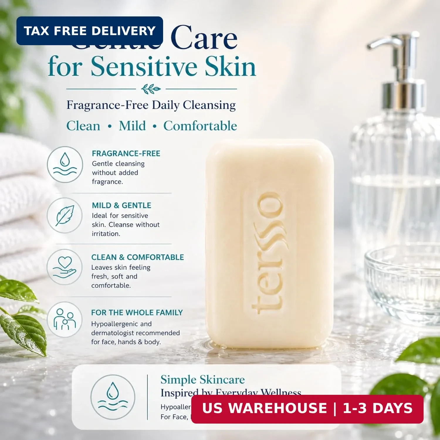 Tersso Hypoallergenic Neutral Soap Bar 120 g 3 Pack for Sensitive Skin, Gentle F
