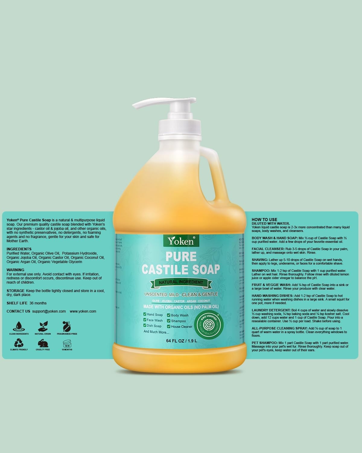 EWG Verified Organic Castile Soap Liquid Unscented 64oz Pure Organic Oil
