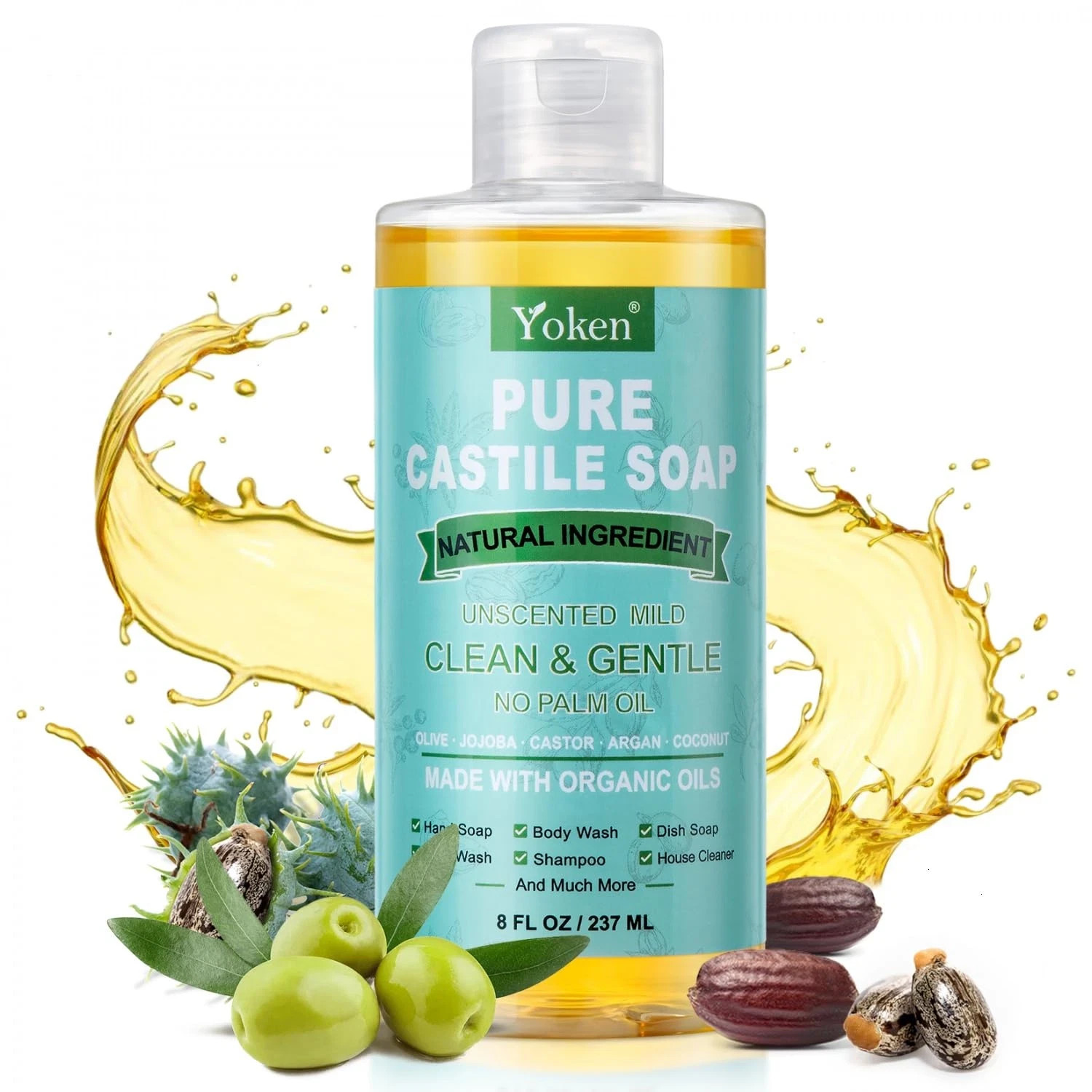 Pure Castile Liquid Soap 8 Oz Unscented with Organic Oil EWG Verified