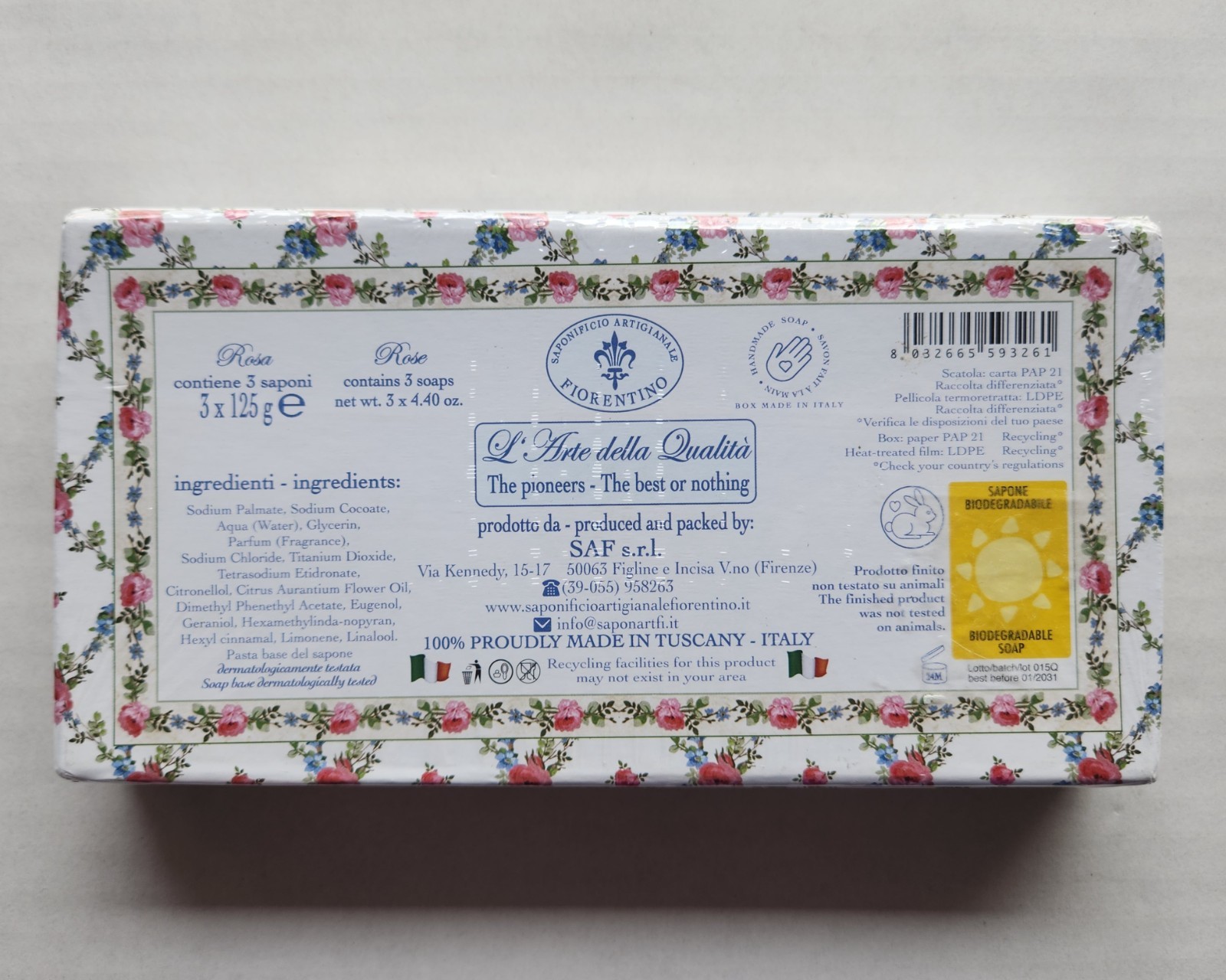 Saponificio Artigianale Fiorentino – Rose Garden Rose Scented Soaps -3 x 4.40 oz