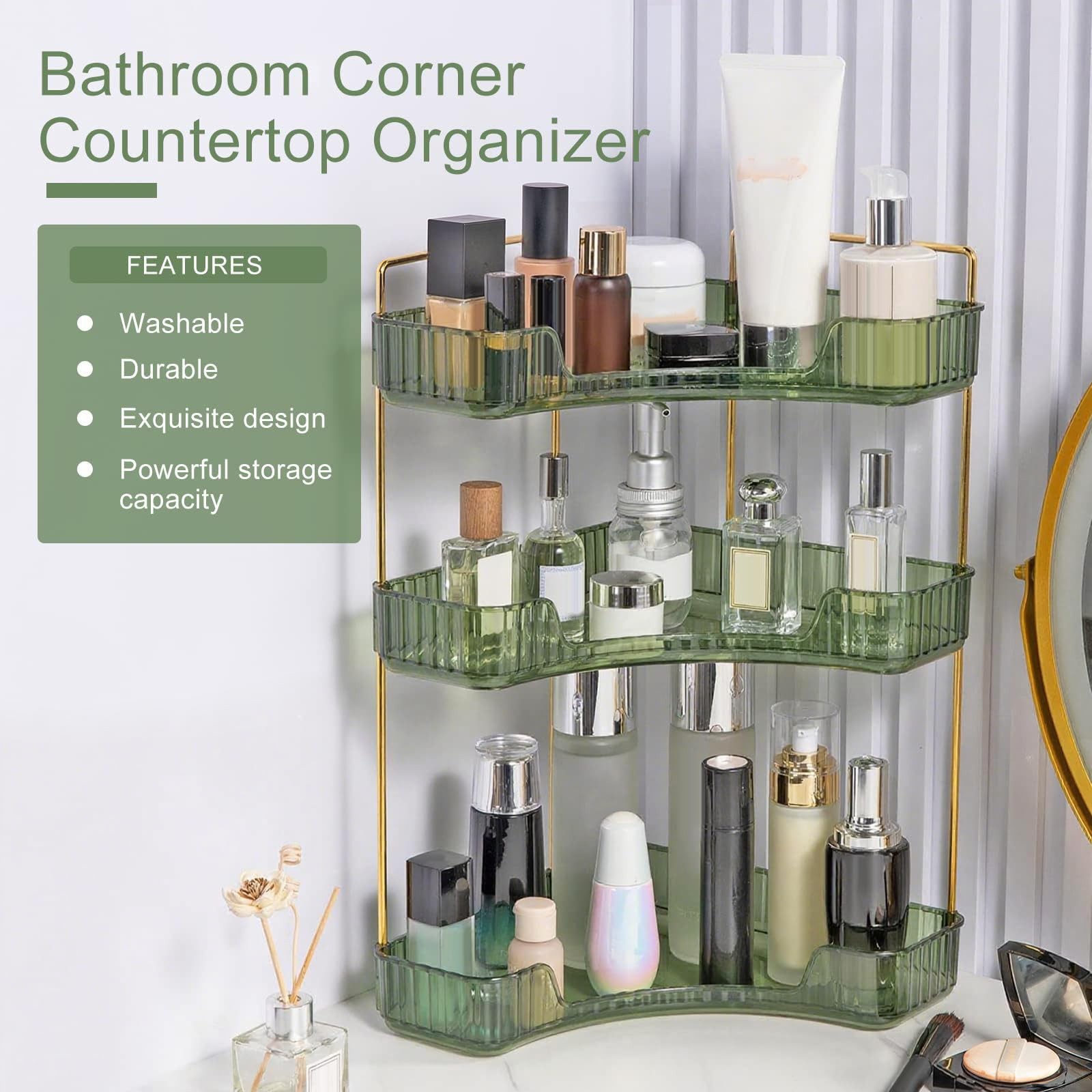 INVSSENE Corner Bathroom Organizer Vanity Tray – Green/Gold, Easy Assembly