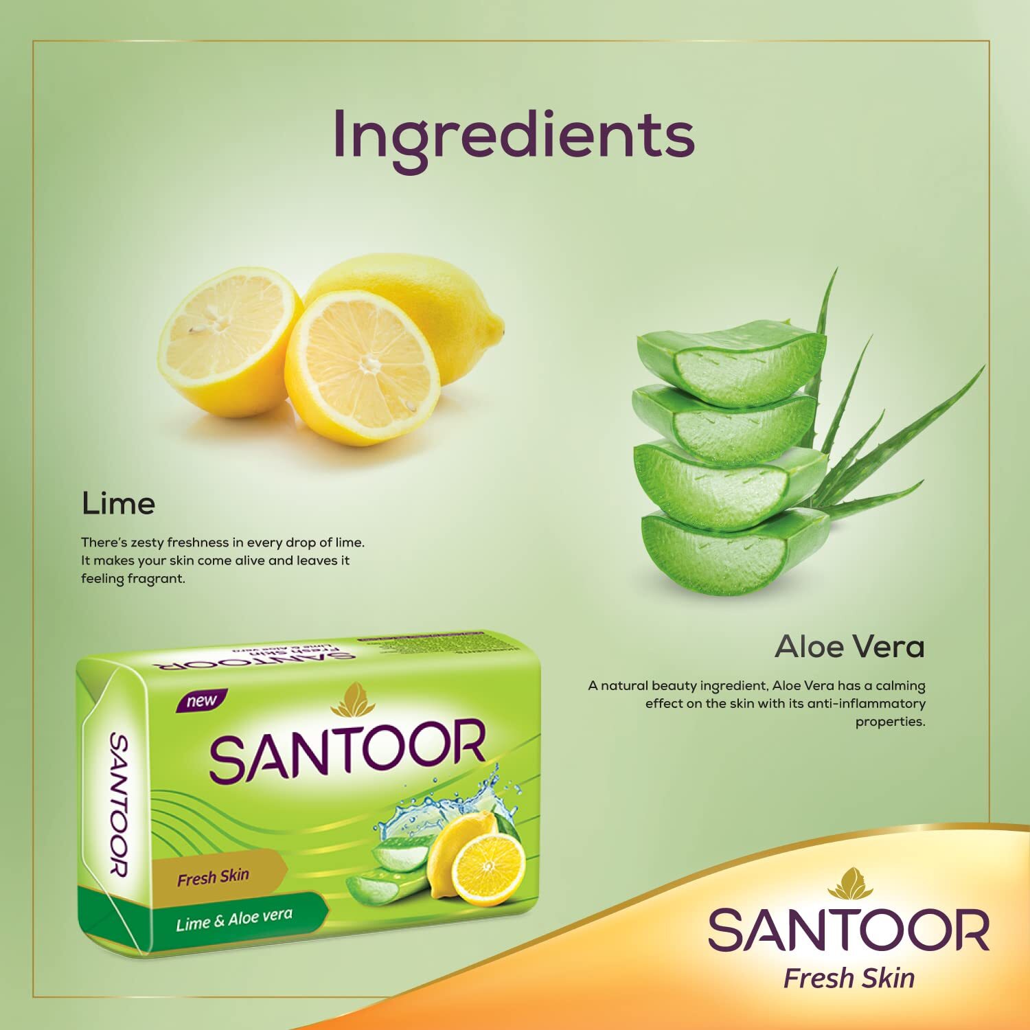 Santoor Fresh Skin Aloe Vera & Lime Bathing Soap Smooth & Soft and Younger-Look