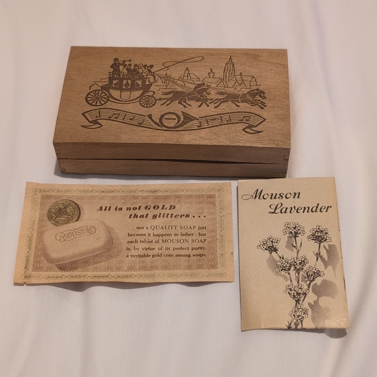Vintage 1930-1970s Mouson Lavender Bar Soap Complete Set 3 Bars in Wooden Box