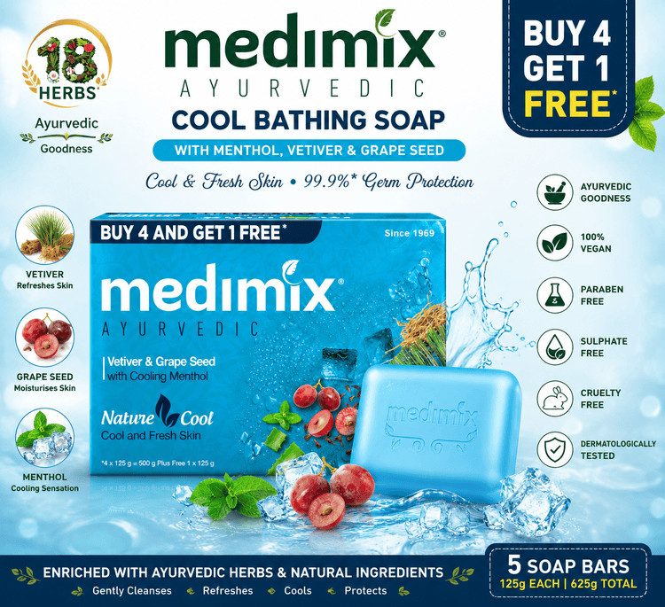 🔥Medimix Cooling Ayurvedic Soap Pack of 5 | Vetiver Menthol Grape Seed | 625g🔥