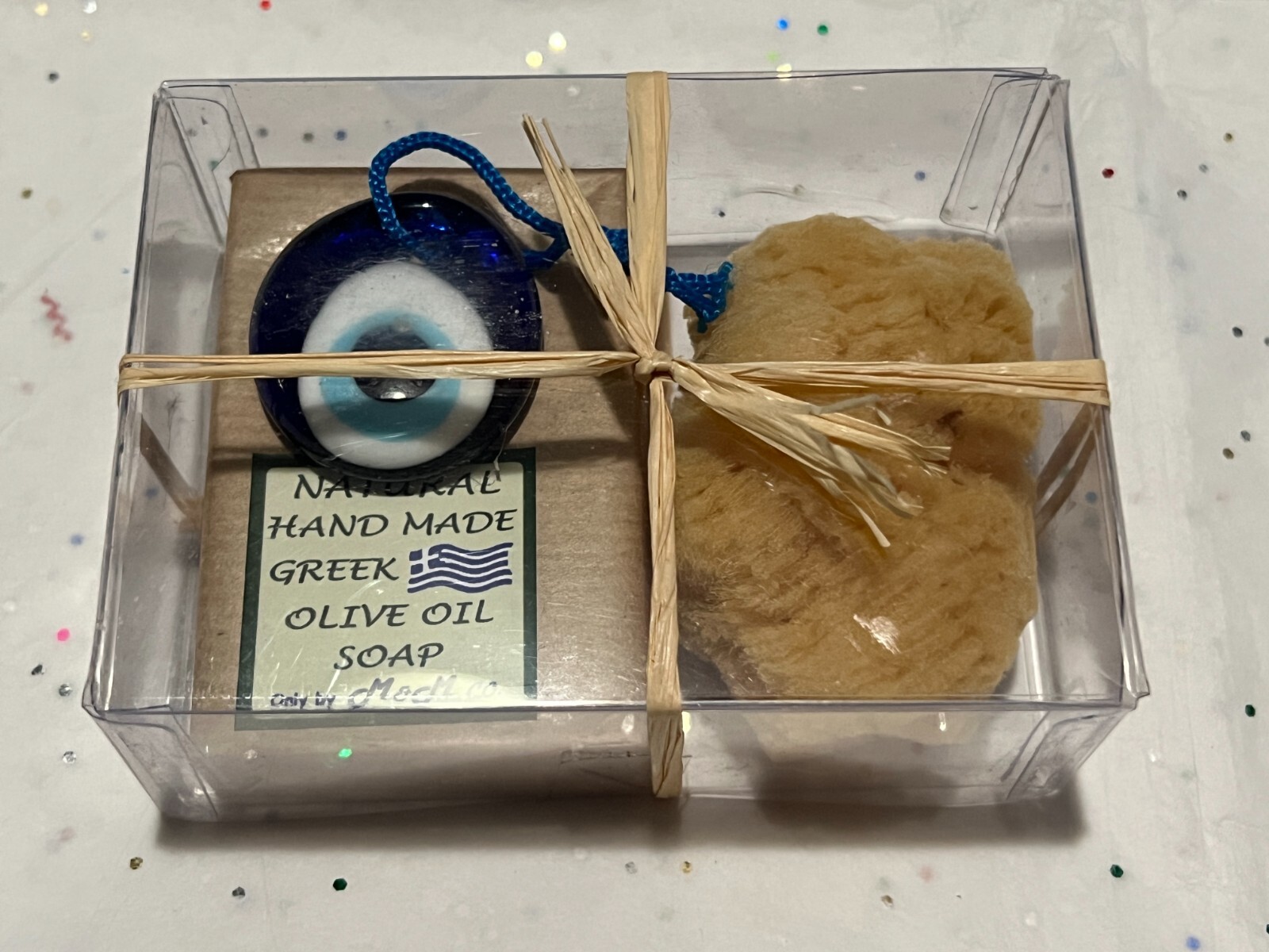3PC Set Pure Greek Handmade Olive Oil Soap, Loaf Sponge & Glass Evil Eye