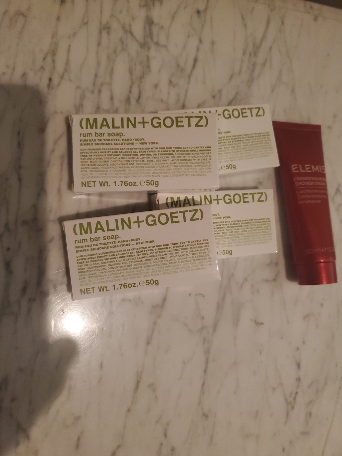4 MALIN + GOETZ RUM BAR SOAP~1.76oz ea.~TRAVEL~plus Elemis Shower Cream 1.6~NEW