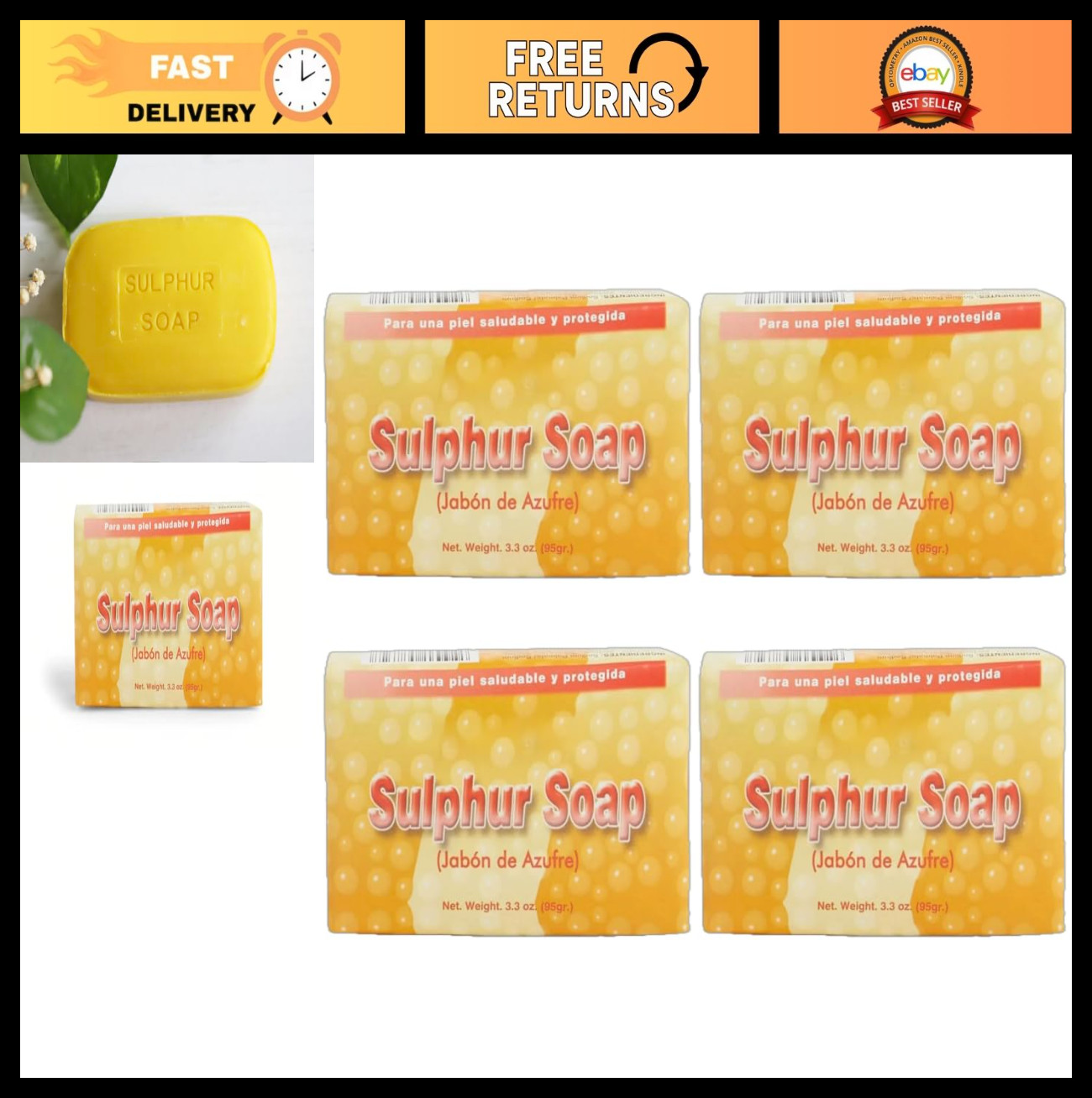 Sulfur Soap Bar 3.3 Oz – Anti-Acne, Skin Cleansing, Jabon de Azufre (Pack of 4)