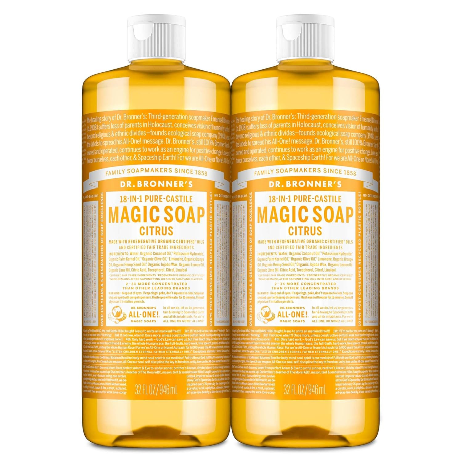 Dr. Bronner’s Citrus Pure-Castile Soap 32oz 2-Pack – 18 Uses, Vegan, Organic