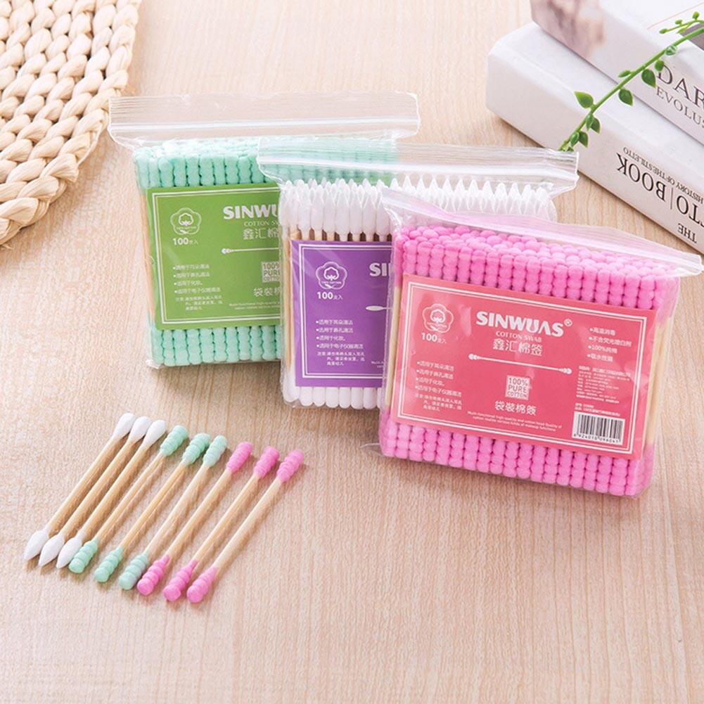 100x Cotton Swabs Swab Q-tips Wood Wooden Handle Cleaning Applicators Cosmetic