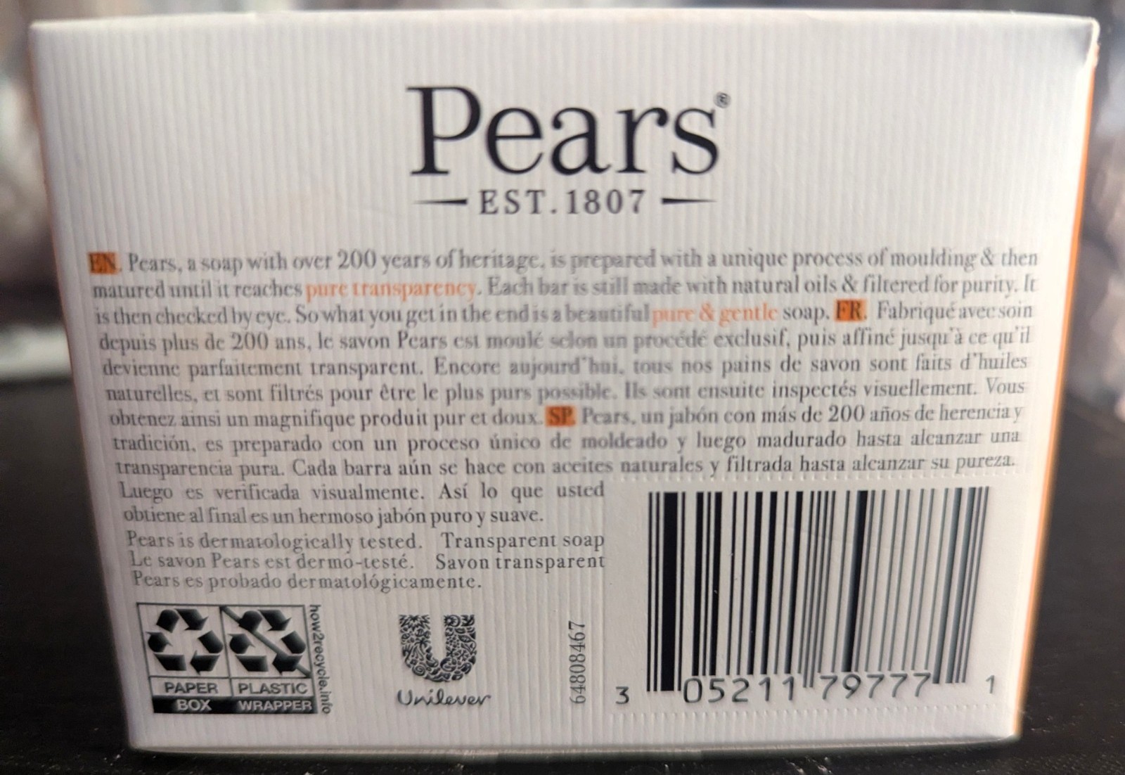 Pears Transparent Soap — Est. 1807 | 3.53 oz | Pure & Gentle | Vegan New in Box