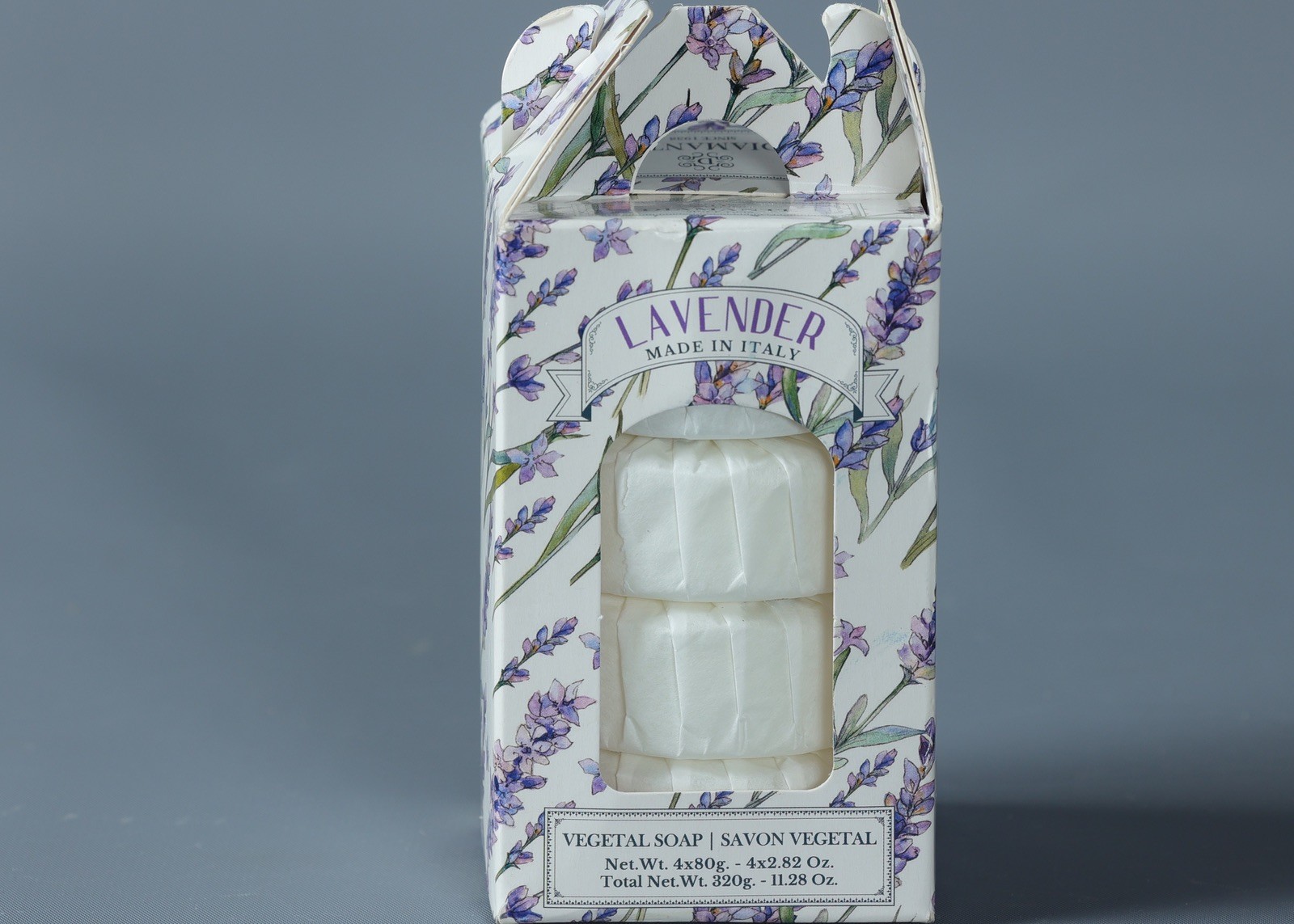 DIAMANTE LAVENDER Vegat. Based Round Individually Wrapped Soaps 4×2.8 oz. Italy