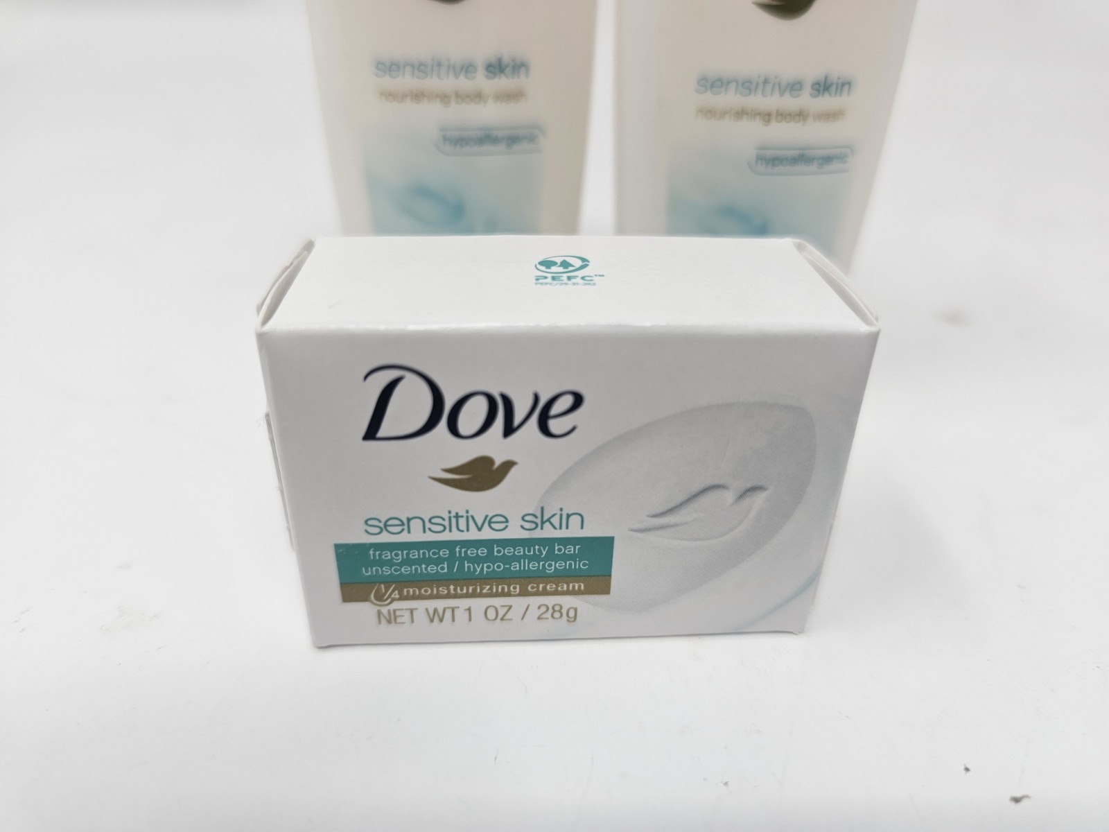 Dove Sensitive Skin 1 Oz Soap Bar + 1.8 Oz Body Wash Mini Travel Size Lot Of 3