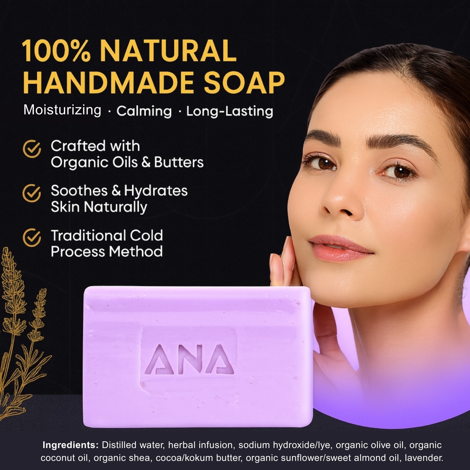 100% Natural Ingredients Handmade Lavender Soap for Body and Face Wash Daily Use