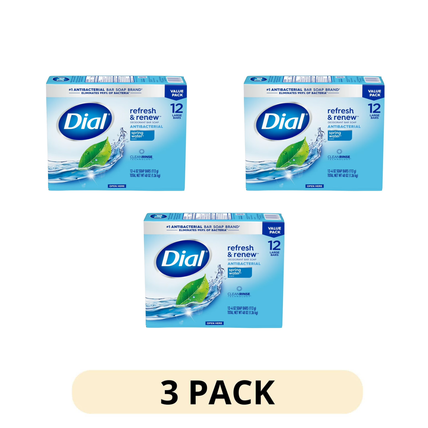 3 Pack Dial Antibacterial Bar Soap Spring Water 4 oz 12 Bars Deodorant Clean