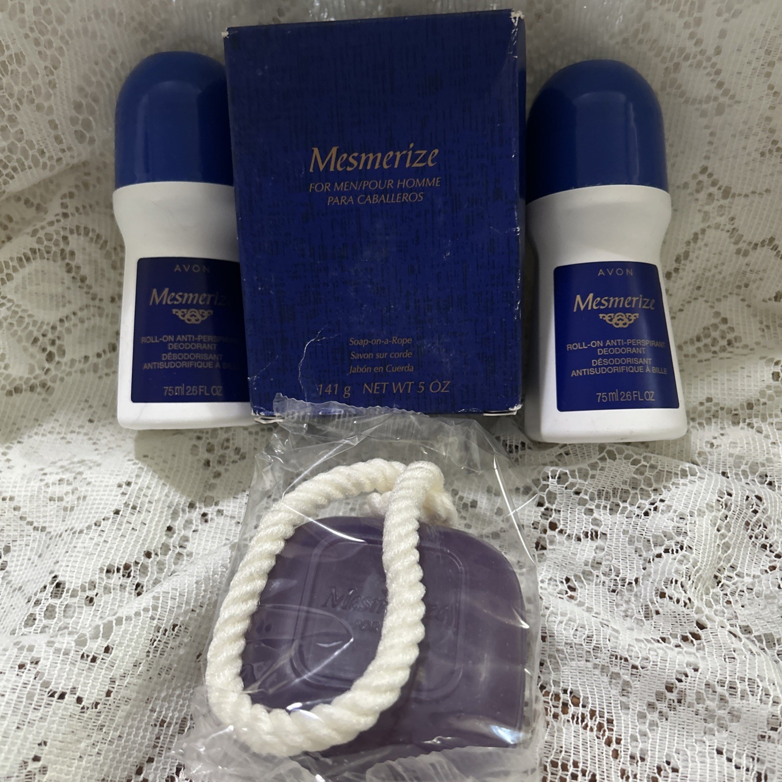 Avon Men’s MESMERIZE Soap on a Rope 5 Oz. ~ And Two Deodorants 2.6 Fl Oz ~