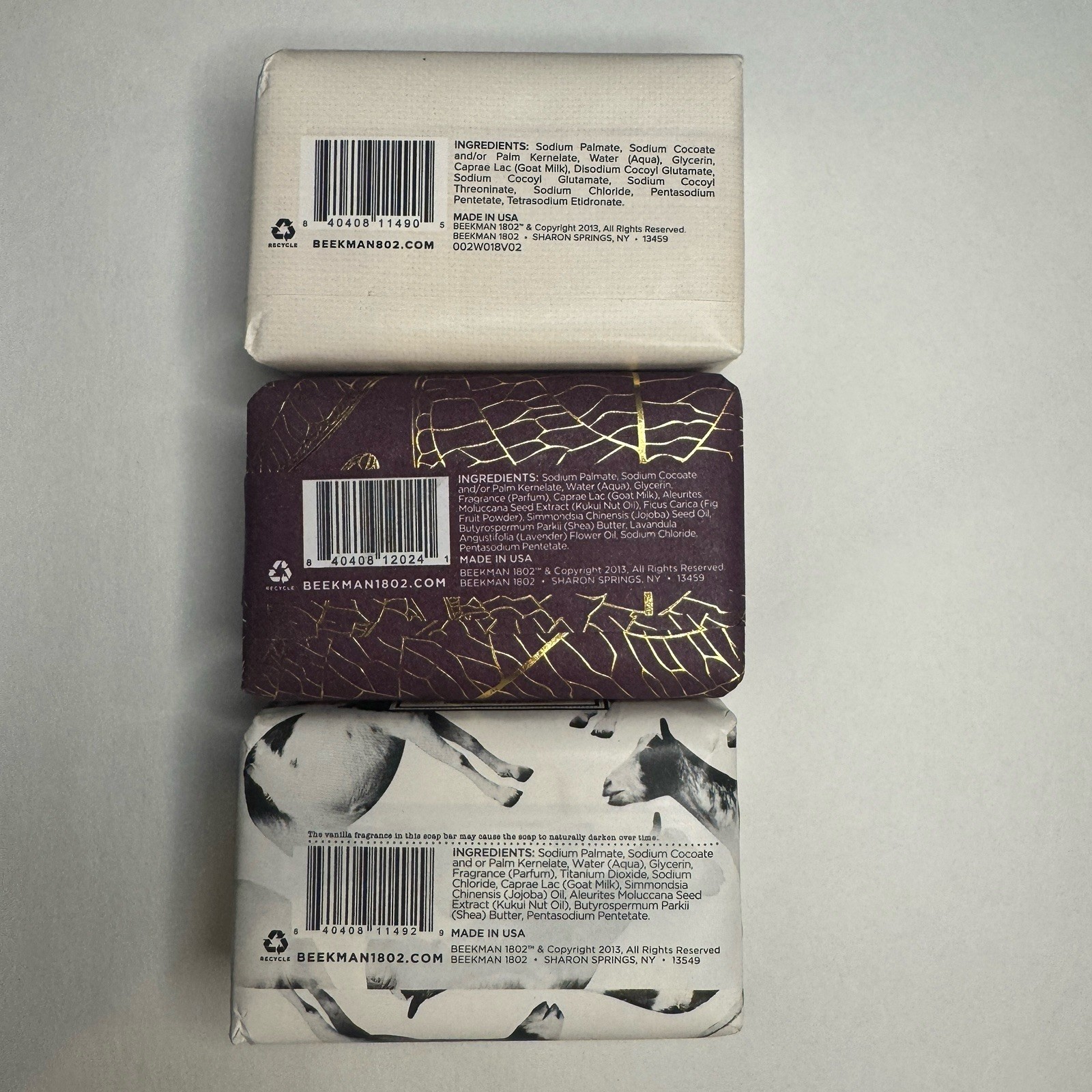 Beekman 1802 Goat Milk 3 Bars Soap VANILLA ABSOLUTE, FIG LEAF, FRAGRANCE FREE