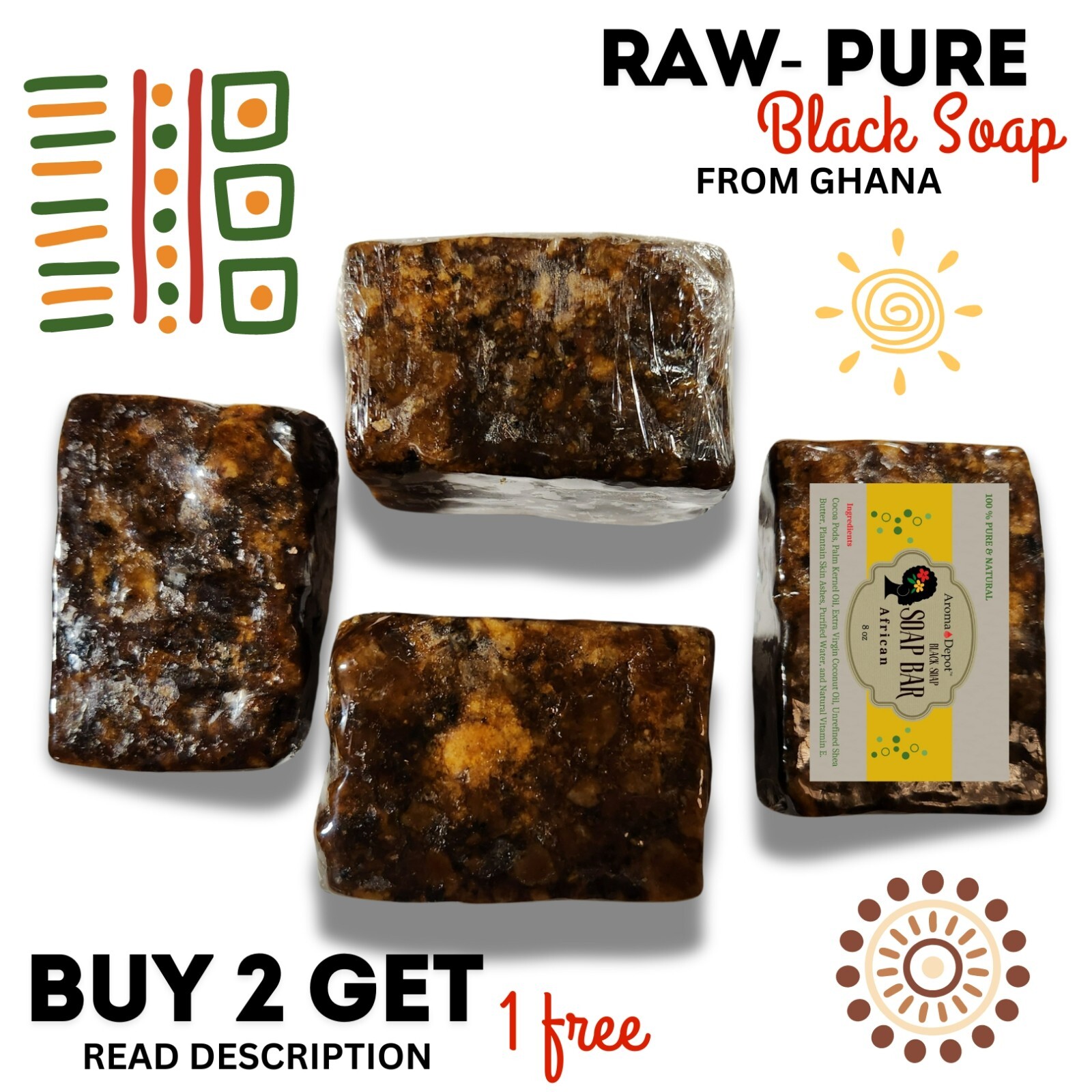 African Black Soap Bar 6 oz. Organic Raw Natural Soap Skin Body Hair Face Wash