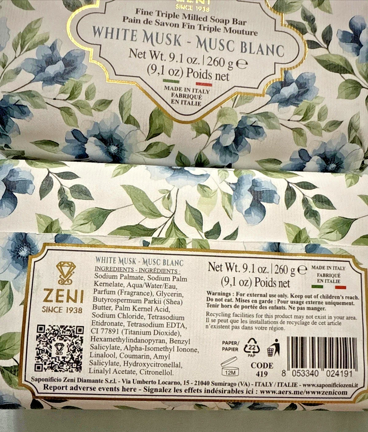2 Zeni White Musk Triple Milled Soap Bars 2x 9.1oz Made in Italy Total 18.2oz