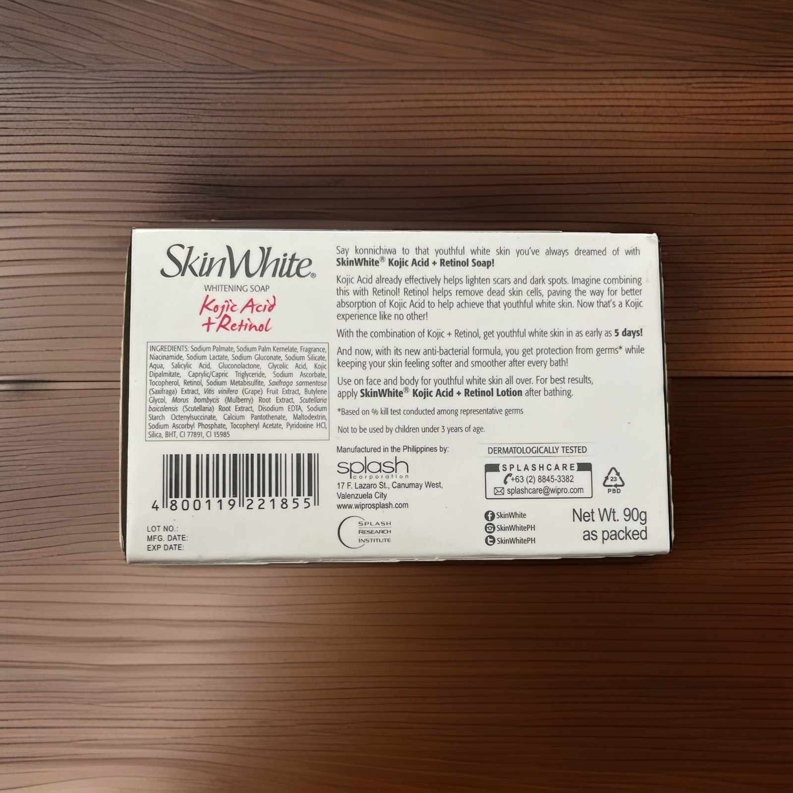SkinWhite Kojic Acid+Retinol Whitening Soap Anti-Bacterial Formula 90g