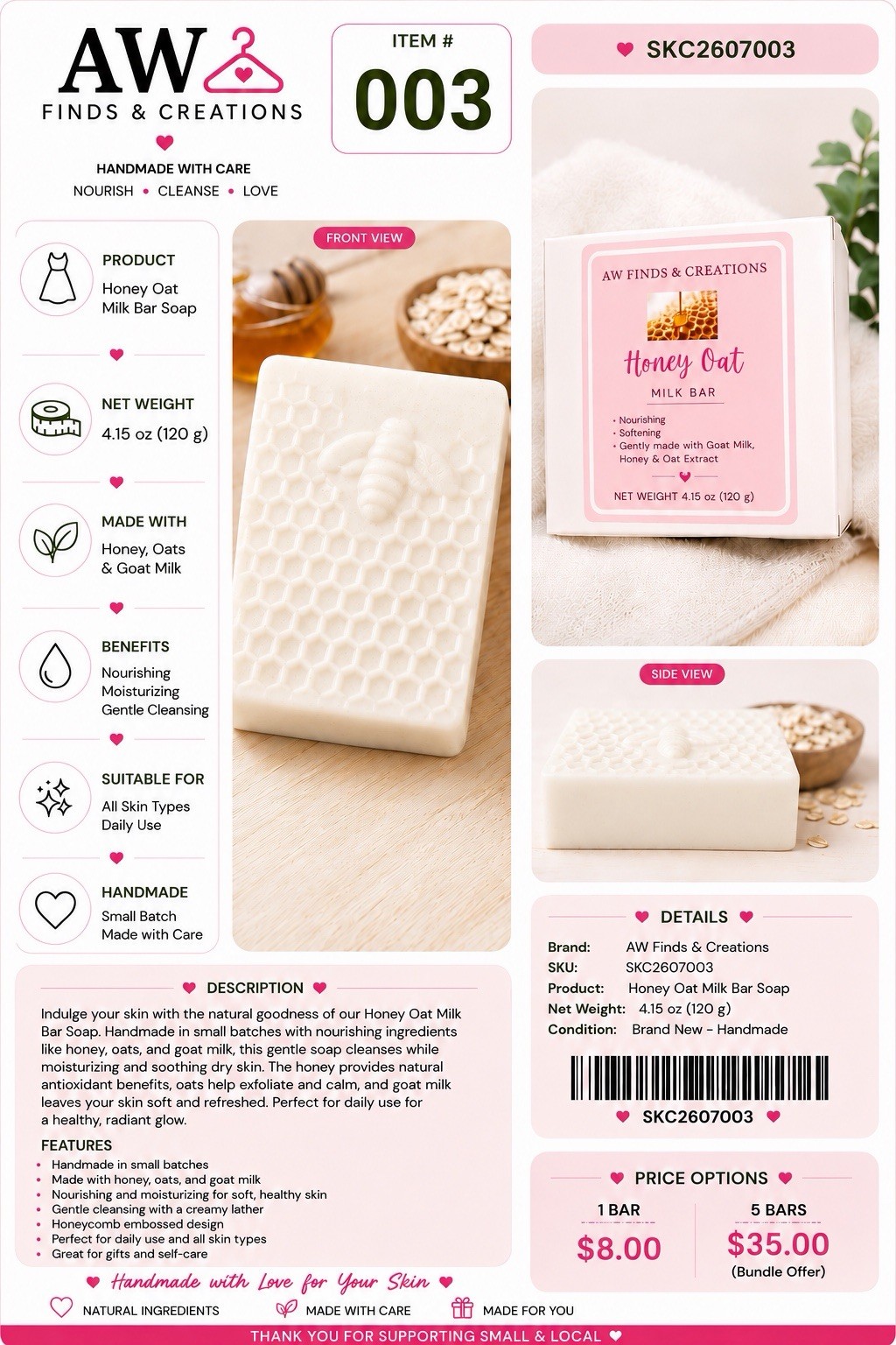 Handmade Honey Oat Soap Goat Milk Moisturizing Bar Soap for Dry Sensitive Skin
