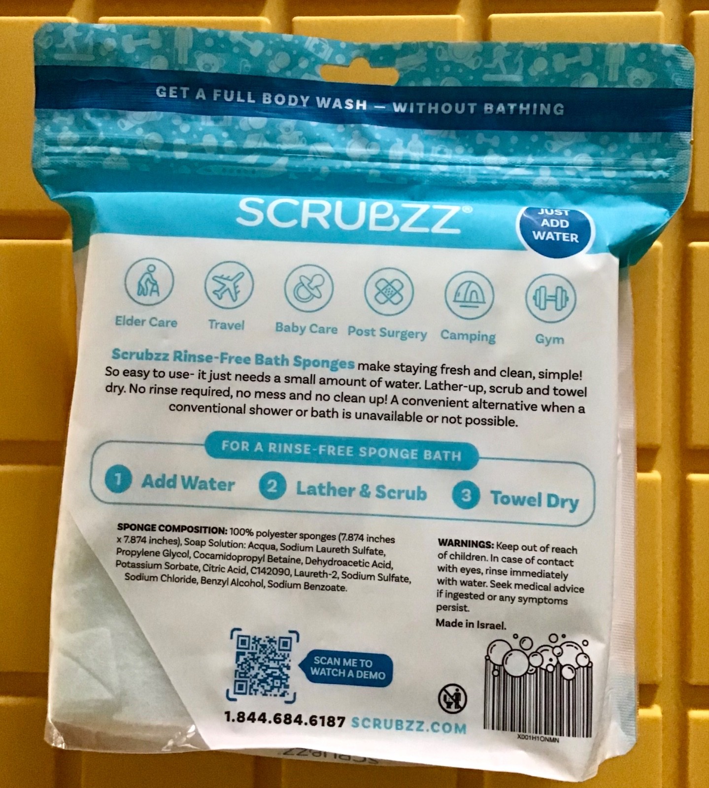 Scrubzz Disposable Rinse Free Bath Sponges Sensitive Skin Soap and Shampoo 25 Ct