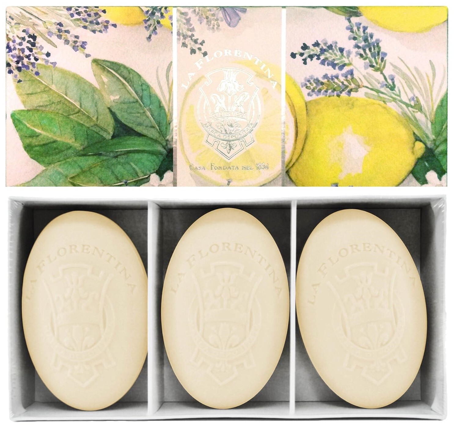 La Florentina LEMON LAVENDER Italian 3 Bar Soap Set 5.3 oz Each Embossed Luxury