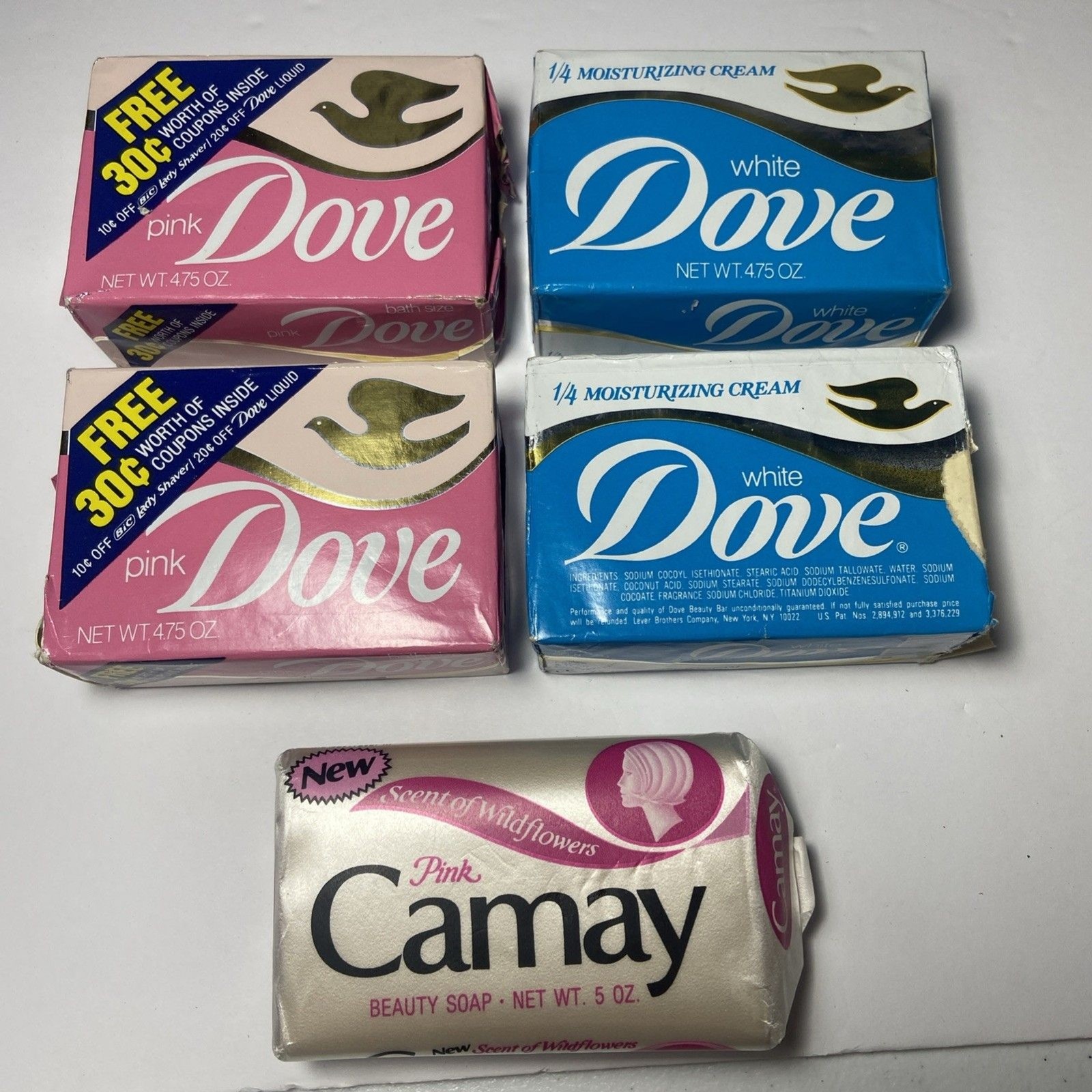 Vintage Dove Beauty Bars Soap 4.75 Oz Pink White And Camay 5 Oz NOS 5 Bars 1980
