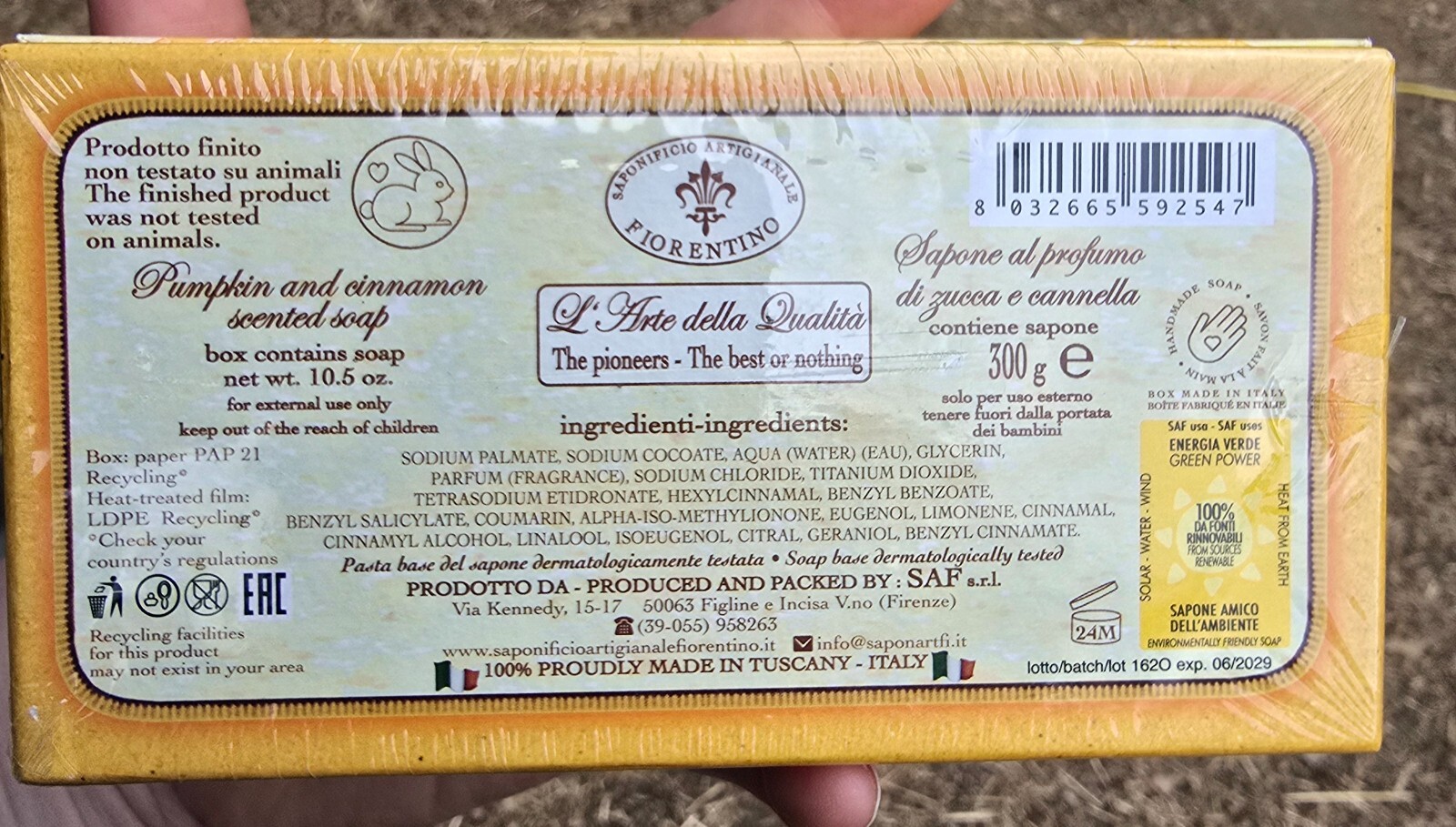 La Saponeria Firenze Pumpkin & Cinnamon Scented Soap 10.5oz Bar New Sealed
