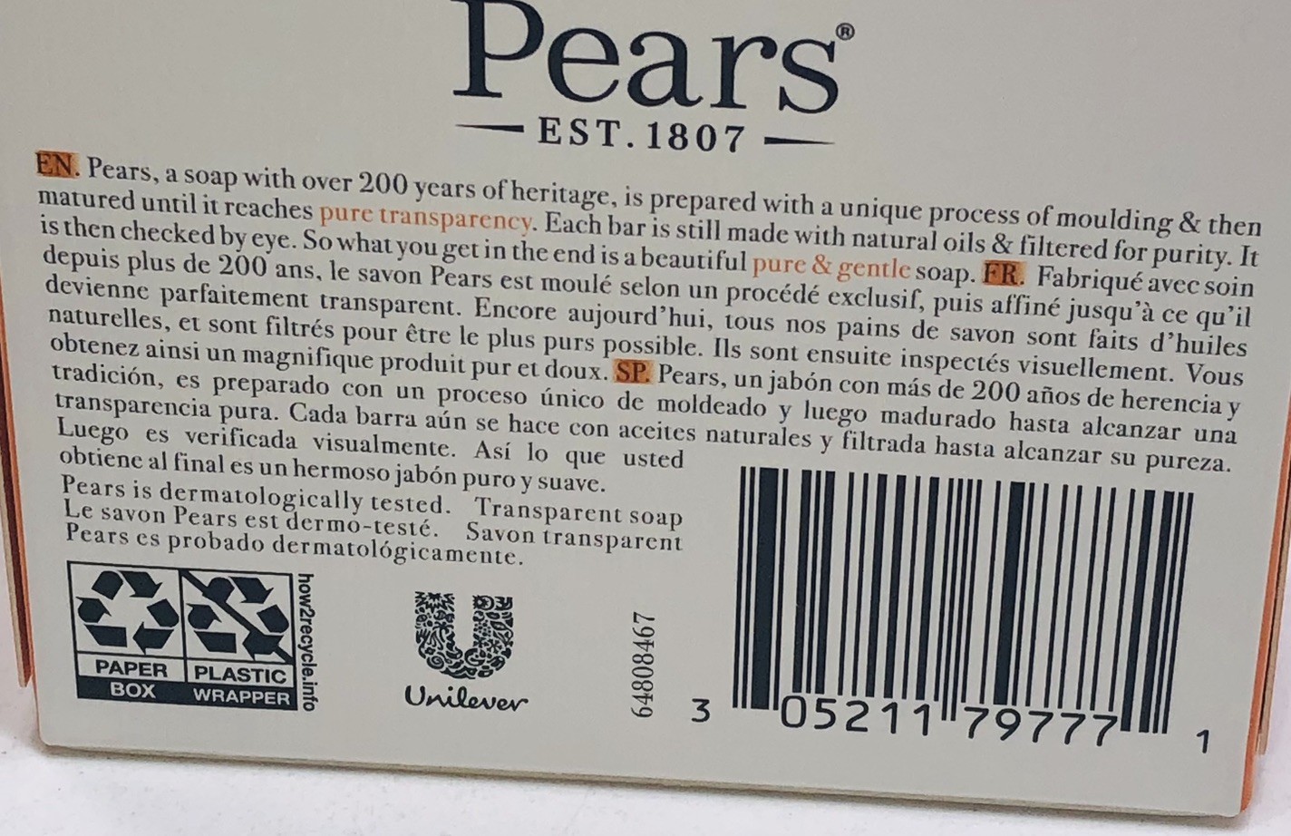 6 bars Pears Pure and Gentle Soap with Natural Oils 3.53 oz Bar Soap