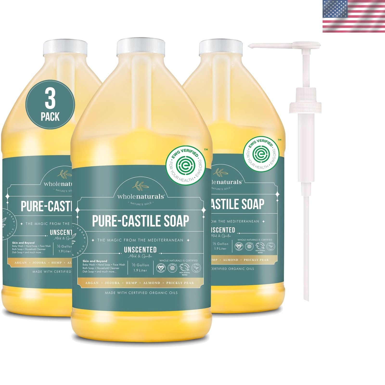 Pure Castile Soap Liquid, EWG Verified & Certified Palm Oil Free Unscented, N…
