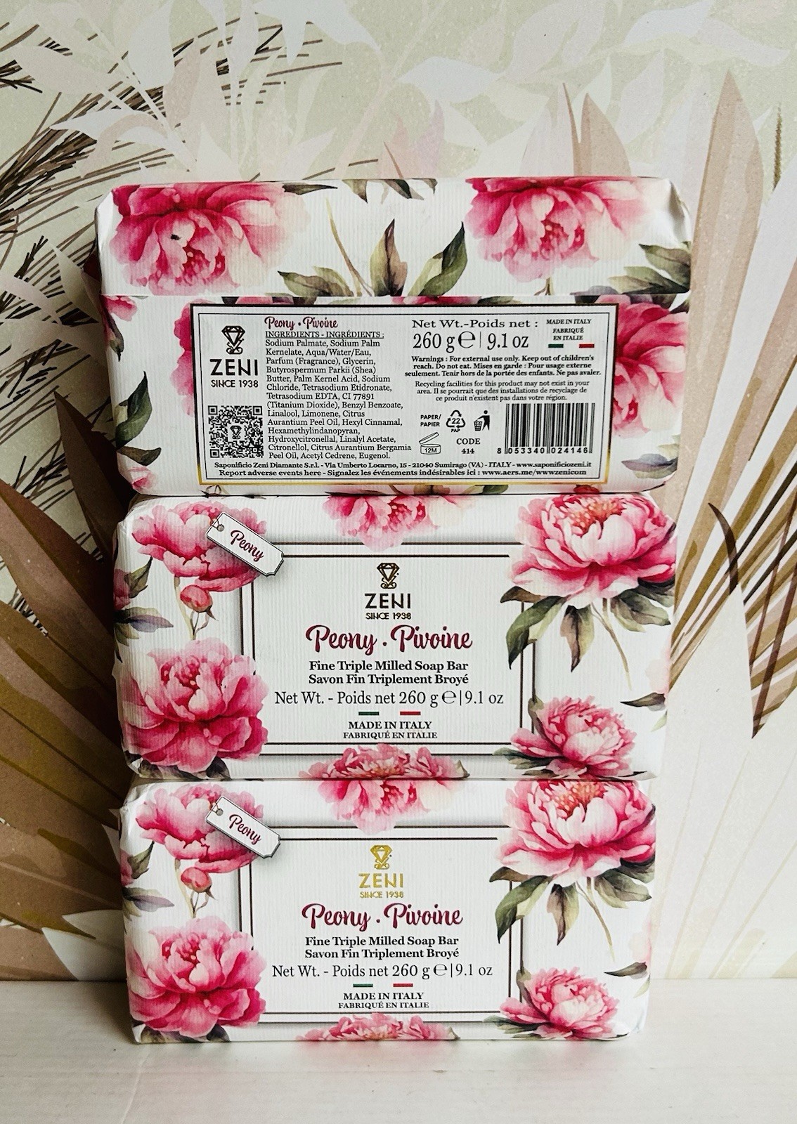 3-Pack Zeni PEONY Triple Milled ITALIAN Bar Soap 9.1oz Each New Floral