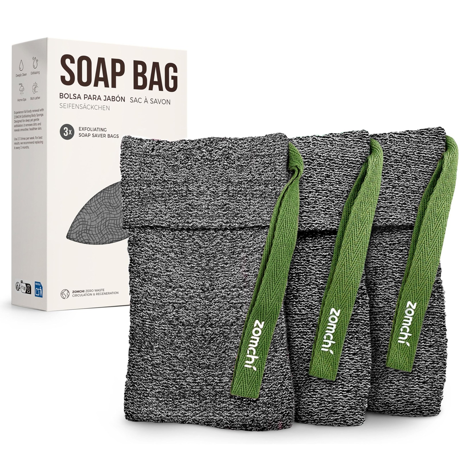 ZOMCHI Exfoliating Soap Bags, 3-Pack Body Scrubber Savers for Bar Soap, Desig…